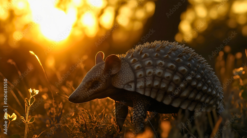 Obraz premium Distinctive armadillo animal wildlife, unique mammal exotic armored, peculiar side view funny brown snout, nocturnal wild nature, curious creature special