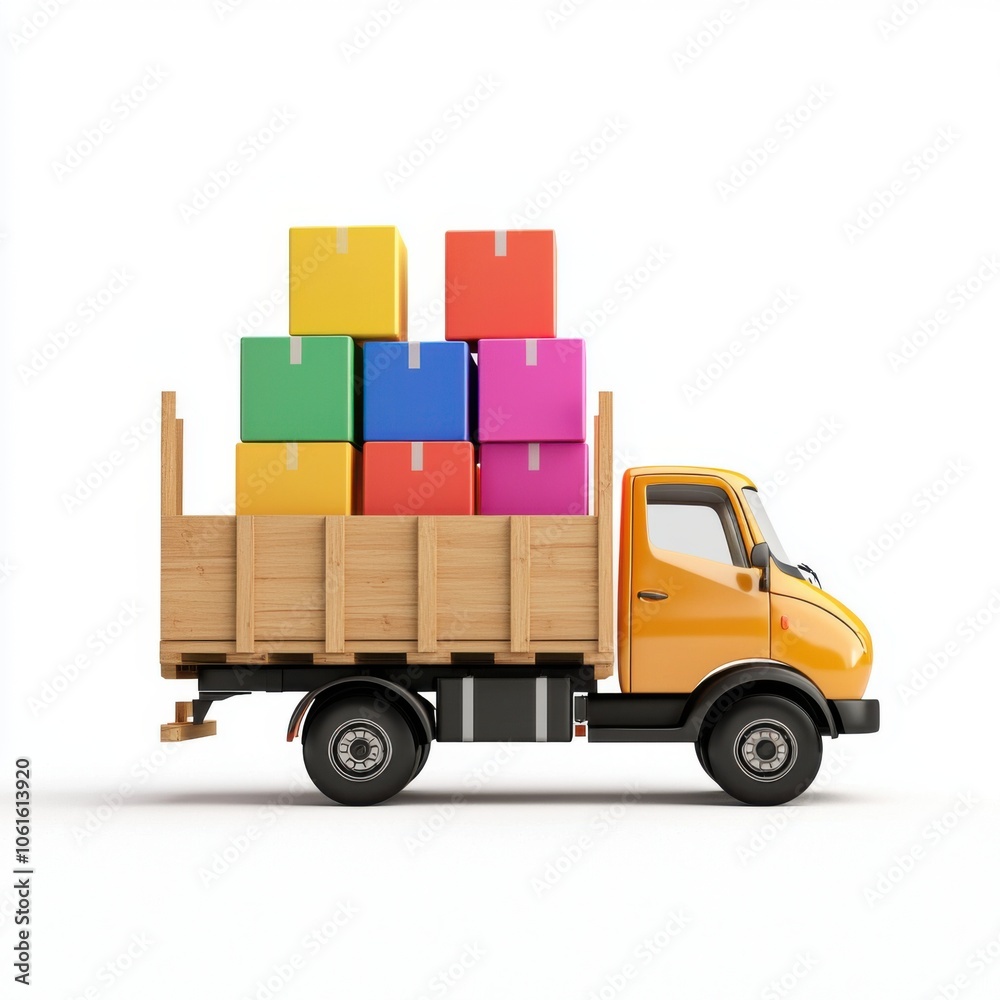 A bright yellow truck loaded with colorful boxes, symbolizing delivery, transportation, and commerce in a minimalist style. A bright yellow truck loaded with colorful boxes, symbolizing delivery, transportation, and commerce in a minimalist style.