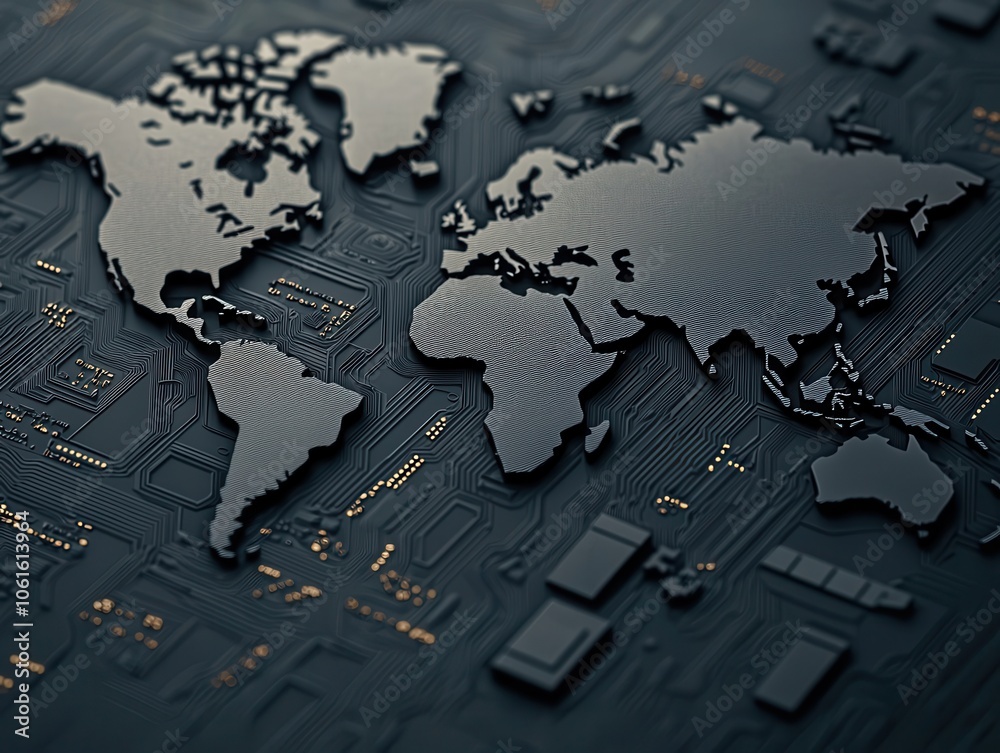 A sleek, modern world map design with a high-tech circuit board background, symbolizing global connectivity and technology. A sleek, modern world map design with a high-tech circuit board background, symbolizing global connectivity and technology.