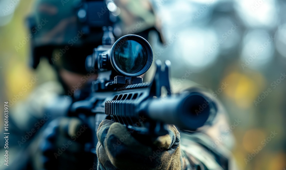 Fototapeta premium Close-up of soldier aiming rifle with scope.
