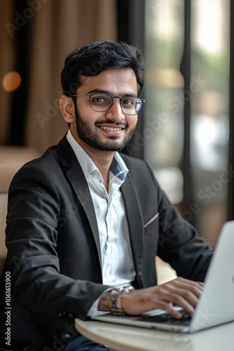 Smiling indian business man working on laptop at home office. young indian student or remote teacher using computer remote studying virtual training watching online education webinar at home office.