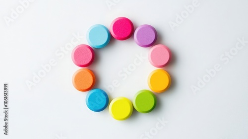 A circle of colorful round objects arranged in a rainbow pattern against a white background.