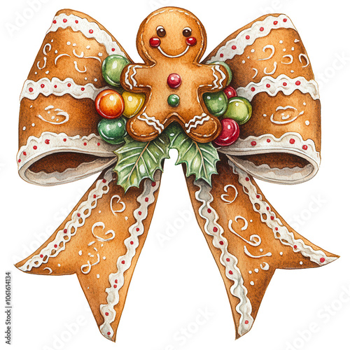 Festive Gingerbread Figures with Holiday Decorations, Adorable gingerbread characters with festive bows, holly accents, and Christmas decorations, perfect for holiday designs, greeting cards
