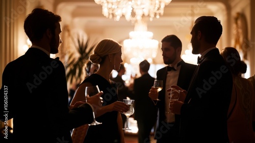 Elegantly dressed people engaged in lively conversation during a sophisticated evening soirée, softly lit by chandeliers.