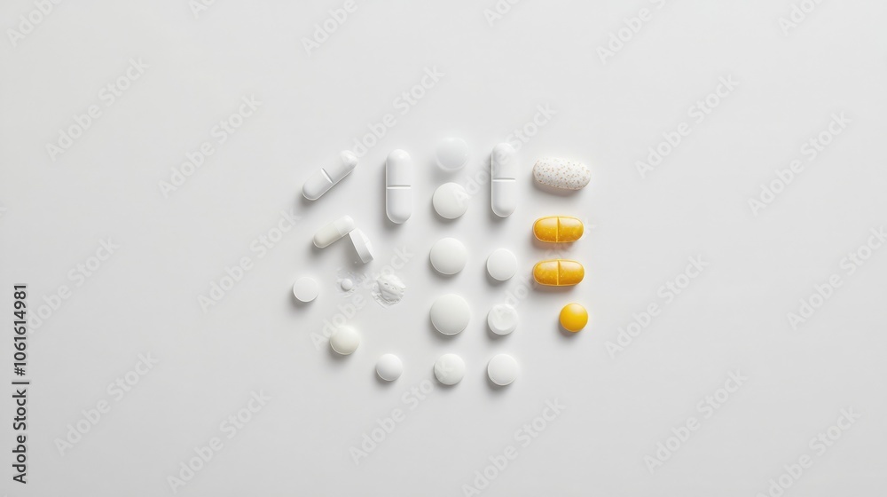 A scattering of white and yellow pills on a white background. The pills are arranged in a loose circle shape, suggestive of a medication or healthcare concept.
