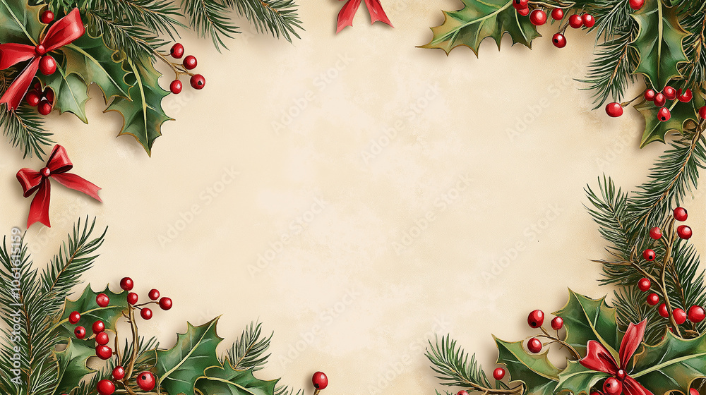 Festive holiday decoration featuring evergreen branches, red berries, and bows surrounding a blank space for messages in winter Festive holiday decoration featuring evergreen branches, red berries, and bows surrounding a blank space for messages in winter