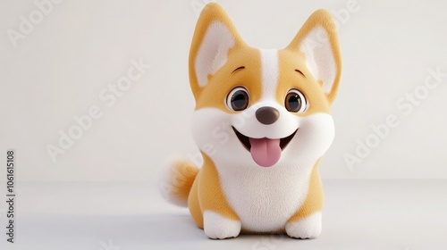 A 3D rendering of a cute, cartoon Corgi puppy, with a big smile and its tongue sticking out.