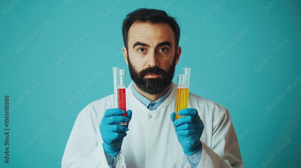 A male scientist in a lab coat holds up two test tubes with red and yellow liquid. A male scientist in a lab coat holds up two test tubes with red and yellow liquid.