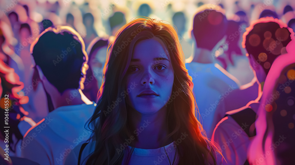 Young woman looking directly at the camera amidst a large crowd, illustrated. Young woman looking directly at the camera amidst a large crowd, illustrated.