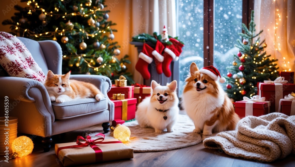 Cozy Christmas Scene with Pets by the Fireplace Cozy Christmas Scene with Pets by the Fireplace