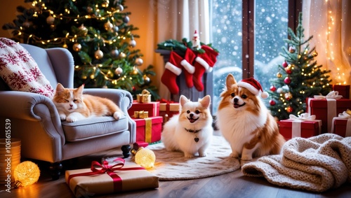 Cozy Christmas Scene with Pets by the Fireplace