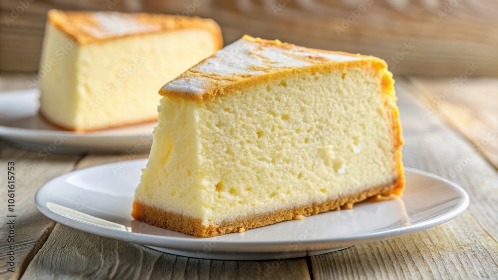 A single slice of light and airy cheesecake, on a plain white plate, resting on a rustic wooden table. A single slice of light and airy cheesecake, on a plain white plate, resting on a rustic wooden table.