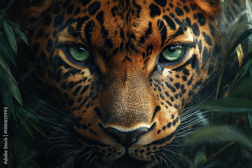 Fototapeta premium Close-Up Portrait of a Leopard with Green Eyes, Detailed and Intricate Wildlife Photography, Jungle and Grass Background 