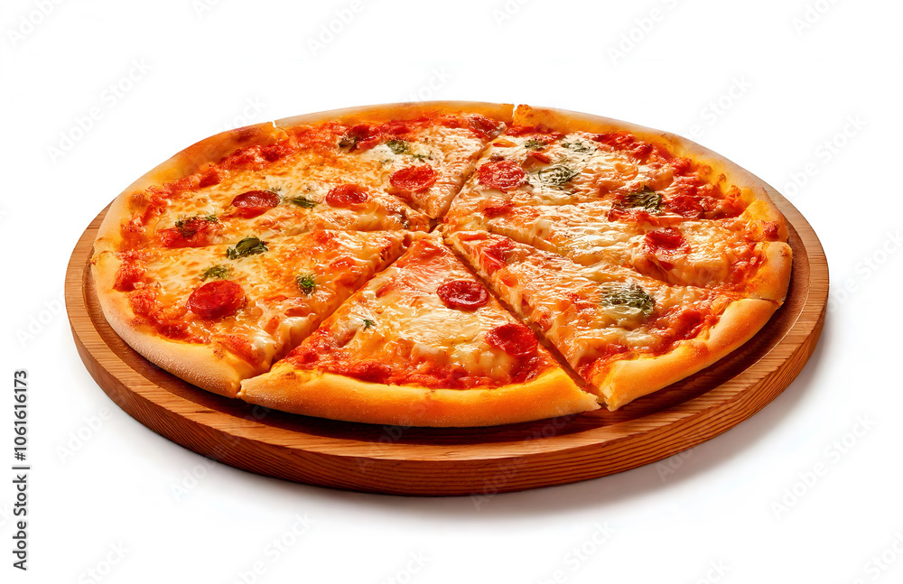 Sliced pizza on a wooden cutting board isolated on white background Sliced pizza on a wooden cutting board isolated on white background