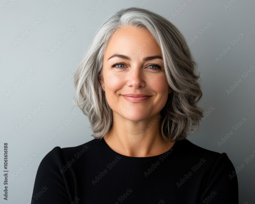 A confident woman with silver hair smiles warmly against a neutral backdrop, exuding grace and poise. A confident woman with silver hair smiles warmly against a neutral backdrop, exuding grace and poise.