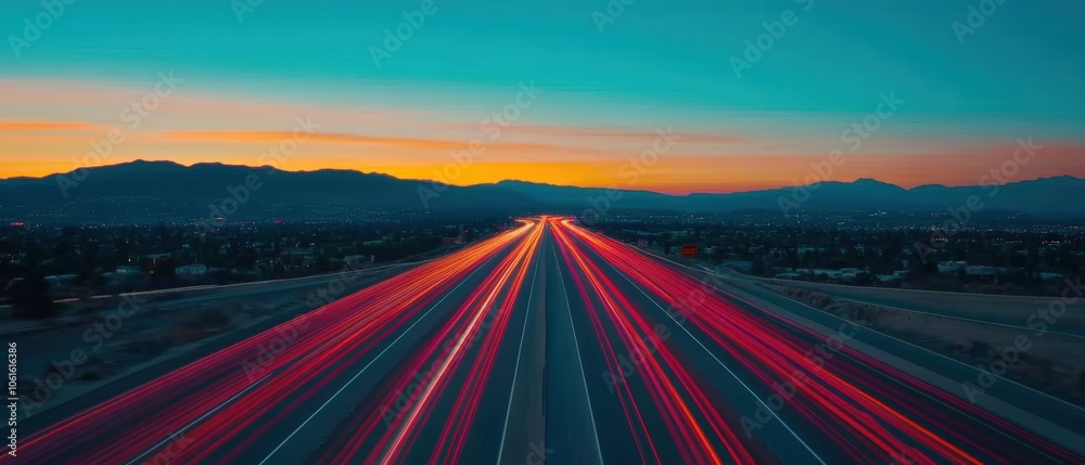 A vibrant sunset casts colors over a busy highway, capturing light trails of moving vehicles against a mountainous backdrop. A vibrant sunset casts colors over a busy highway, capturing light trails of moving vehicles against a mountainous backdrop.