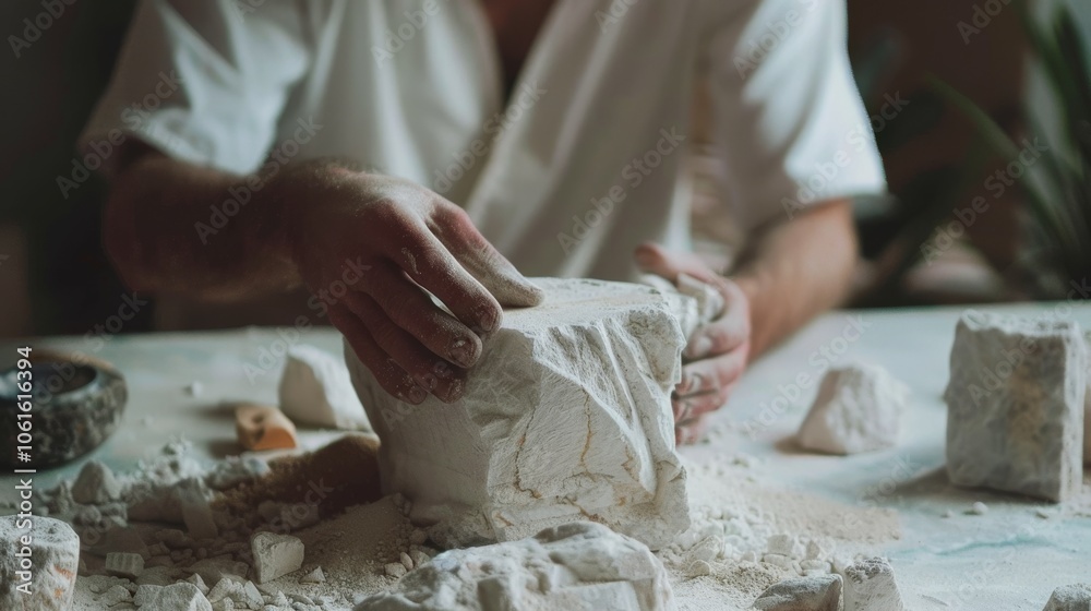 Hands covered in clay, an artisan shapes a block of stone, revealing artistry and patience in a calm and focused studio environment. Hands covered in clay, an artisan shapes a block of stone, revealing artistry and patience in a calm and focused studio environment.