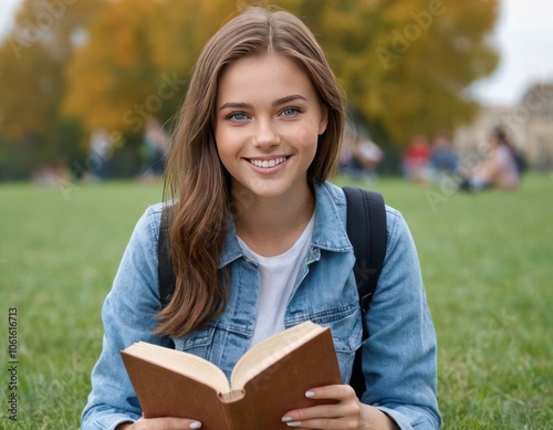 A Joyful Young Student Engaged in Reading a Book with a Bright Smile on Her Face