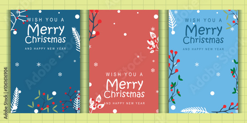 Vector set of festive Christmas and New Year backgrounds, decorated with snow elements, lights and ornaments, perfect for greeting cards, social media or digital decoration