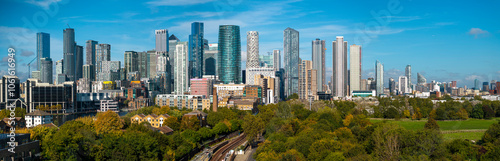 Photography Panoramic aerial image of Canary wharf skyline from Mudchute park in Autumn