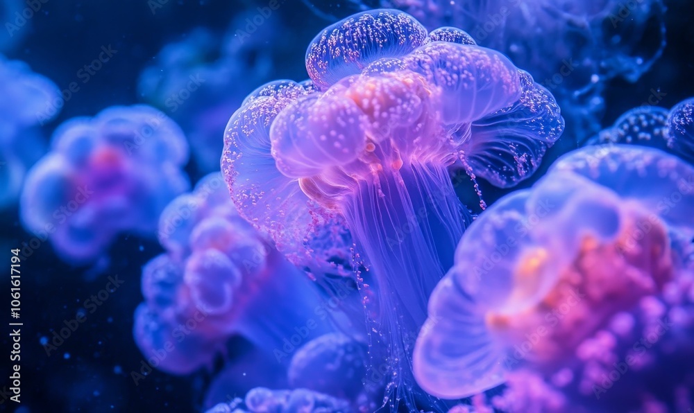 Group of jellyfish underwater with a blue tint. Group of jellyfish underwater with a blue tint.
