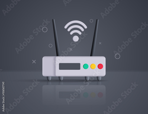 Modern 3D modem router with Wi-Fi icon on gray background with geometric shapes. Vector illustration.