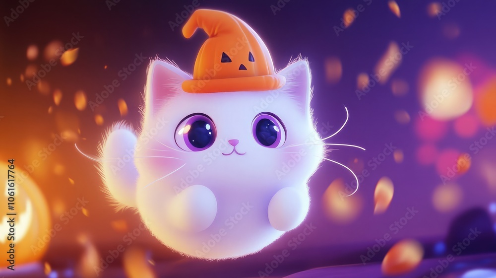 Adorable white kitty with big eyes wearing a jack-o-lantern hat, against a purple and orange background.