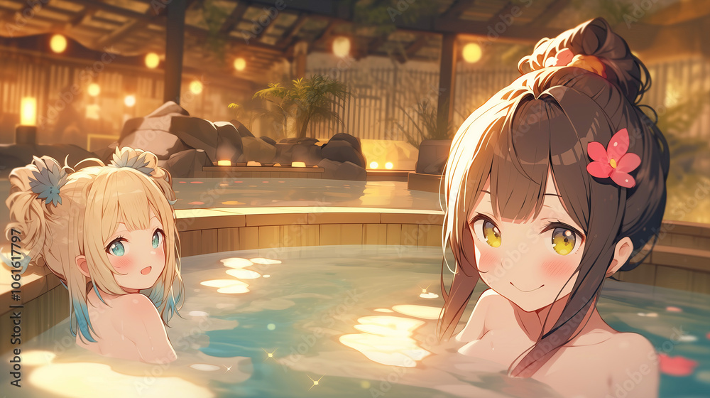 Obraz premium anime digital illustration of traditional japanese hot spring with girls, geothermal water source
