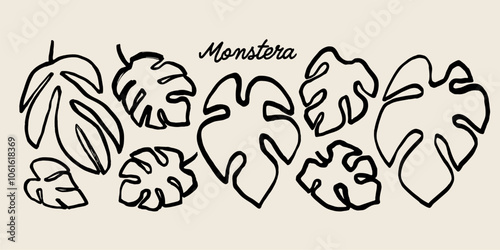 Black ink monstera leaves collection. Brush hand drawn tropical leaves set. Cheese plant leaves vintage style border print.