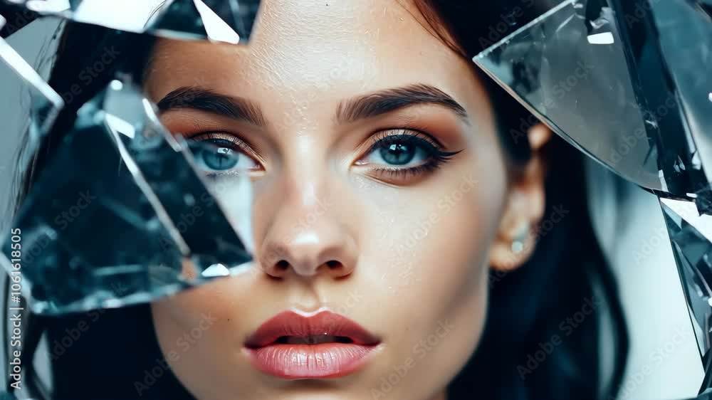 Portrait of a woman reflected in broken glass fragments