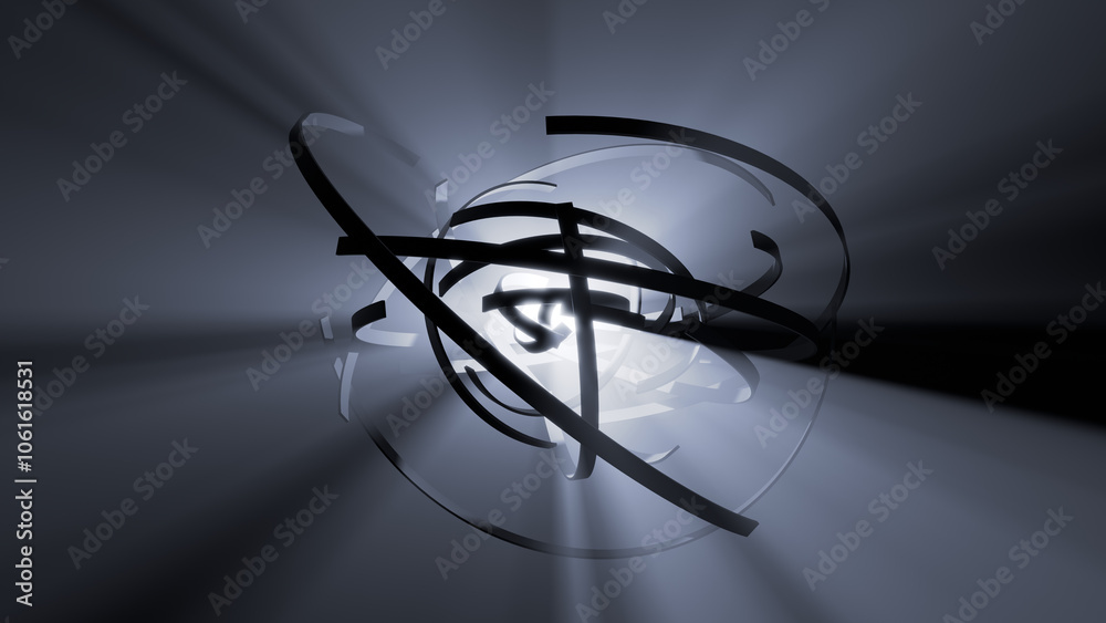 3d rendered image of semicircular shapes orbiting a bright central light source. 3d rendered image of semicircular shapes orbiting a bright central light source.