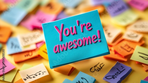 A blue sticky note with 'You're awesome!' is surrounded by a collection of vibrant sticky notes, symbolizing encouragement, positivity, and creative expression in art form.