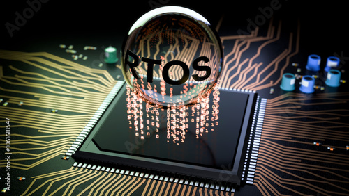 Foto 3d rendered image of a transparent orb with the letters RTOS on the side