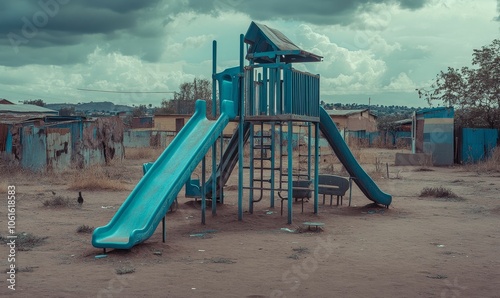 Blue playground equipment in a dirt lot.
