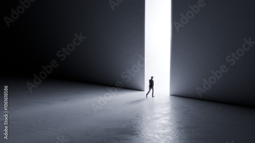 3d render of a man walking out of a dark room into a brightly lit hallway. photo