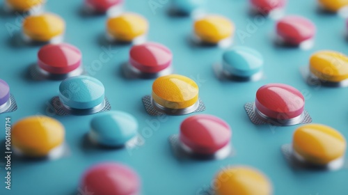 A close-up shot of colorful pills in a blister pack. The blue background is the perfect backdrop for the bright colors.