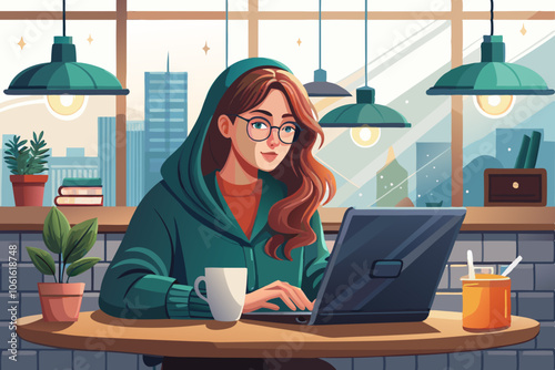 Freelancer Working from Cozy Coffee Shop on a white background. hyper-realistic, ultra-detailed