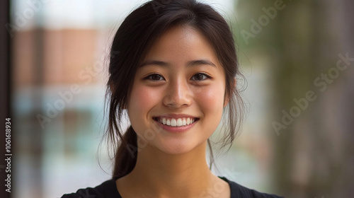 Woman with long hair is smiling and looking at the camera. She is wearing a sweater and is standing in a field photo