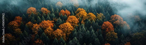 Aerial view of an autumn forest landscape with golden trees and rolling hills