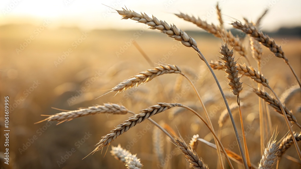 Fototapeta premium Close-up of golden wheat stalks in a sunlit field, capturing the essence of agriculture and harvest in warm morning light.