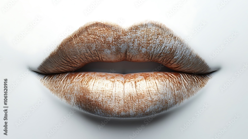 Close-up of stylized lips with a metallic sheen against a minimalistic background.