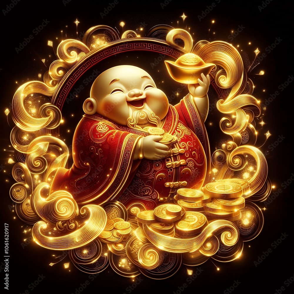 Chinese God of Wealth (Caishen) with Golden Coins - Luxury Neon Digital Art for Lunar New Year with Generative AI. Chinese God of Wealth (Caishen) with Golden Coins - Luxury Neon Digital Art for Lunar New Year with Generative AI.