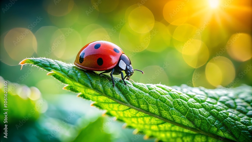 Close-up of a ladybug on a textured green leaf, with vibrant sunlight and bokeh in the background, symbolizing nature's beauty and simplicity. Close-up of a ladybug on a textured green leaf, with vibrant sunlight and bokeh in the background, symbolizing nature's beauty and simplicity.