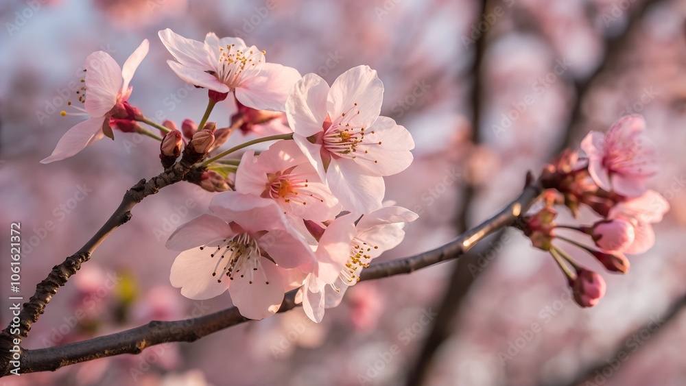 Close-up of pink cherry blossoms blooming on a branch in spring, with soft sunlight and a blurred background capturing seasonal beauty. Close-up of pink cherry blossoms blooming on a branch in spring, with soft sunlight and a blurred background capturing seasonal beauty.