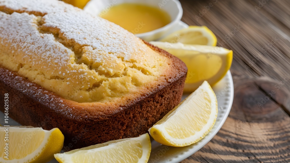 Close-up of lemon loaf with powdered sugar on white plate and lemon wedges Close-up of lemon loaf with powdered sugar on white plate and lemon wedges