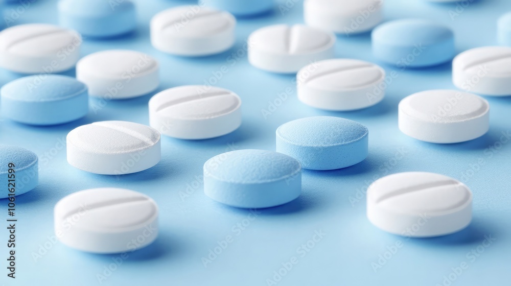 A close-up shot of white and blue pills on a light blue background. The pills are arranged in a scattered pattern, with some overlapping. A close-up shot of white and blue pills on a light blue background. The pills are arranged in a scattered pattern, with some overlapping.
