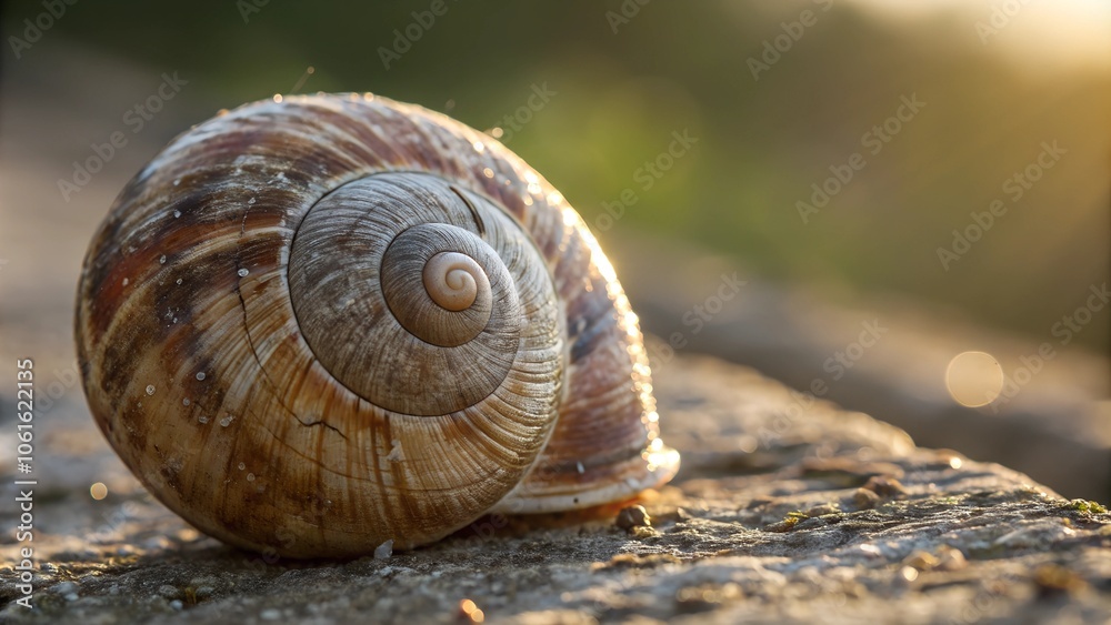 Close-up of a snail shell resting on a rock, illuminated by warm sunlight, highlighting its spiral pattern and natural textures. Close-up of a snail shell resting on a rock, illuminated by warm sunlight, highlighting its spiral pattern and natural textures.