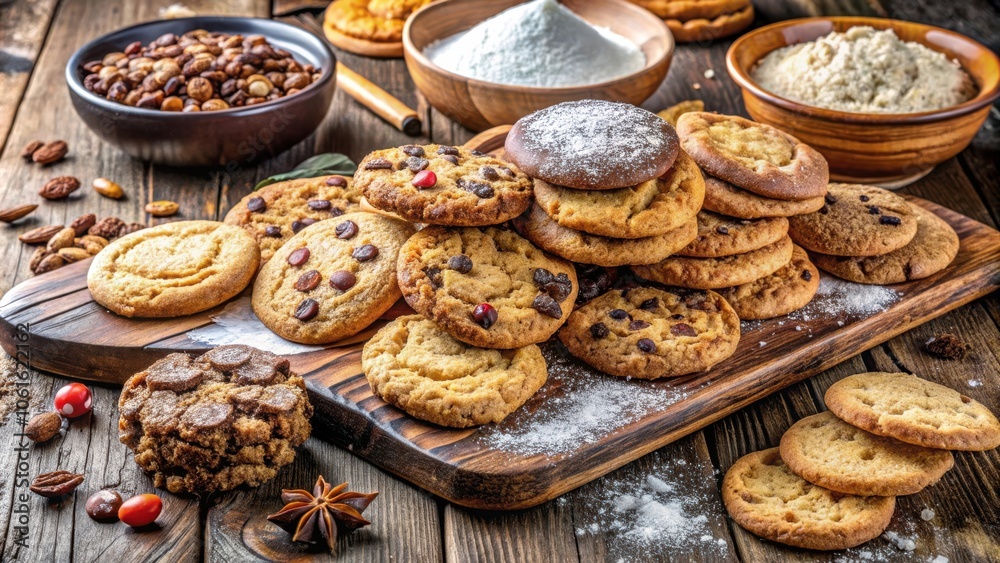 A rustic wooden table with a variety of homemade cookies, including chocolate chip, oatmeal raisin, and sugar cookies, arranged on a wooden cutting board with powdered sugar. A rustic wooden table with a variety of homemade cookies, including chocolate chip, oatmeal raisin, and sugar cookies, arranged on a wooden cutting board with powdered sugar.