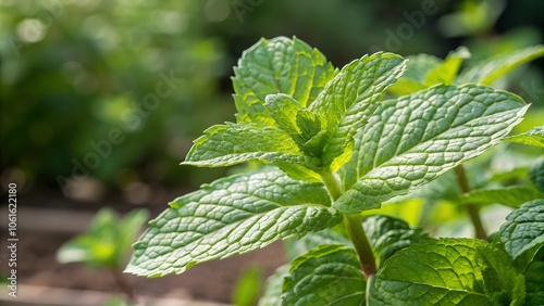 Close-up of vibrant green mint leaves in a sunlit garden, showcasing their texture and natural freshness, perfect for culinary and herbal uses.