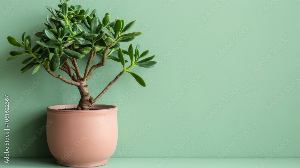 Vibrant jade plant thrives in a terra cotta pot against a pastel green wall, exuding calm and freshness in an orderly display of nature indoors. Vibrant jade plant thrives in a terra cotta pot against a pastel green wall, exuding calm and freshness in an orderly display of nature indoors.